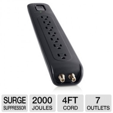 Surge Protector 7-Outlets Strt 75k Insured 4-Foot Cord 2000j Coax Blk