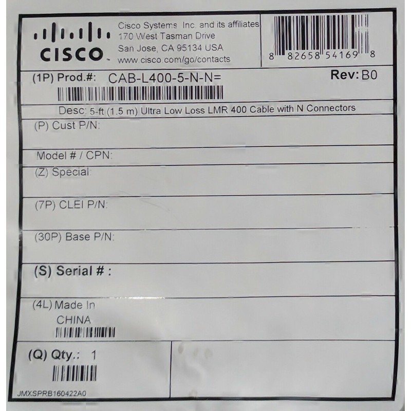 Cisco CAB-L400-5-N-N 5-Foot Ultra Low Loss LMR 400 Cable with N Connectors