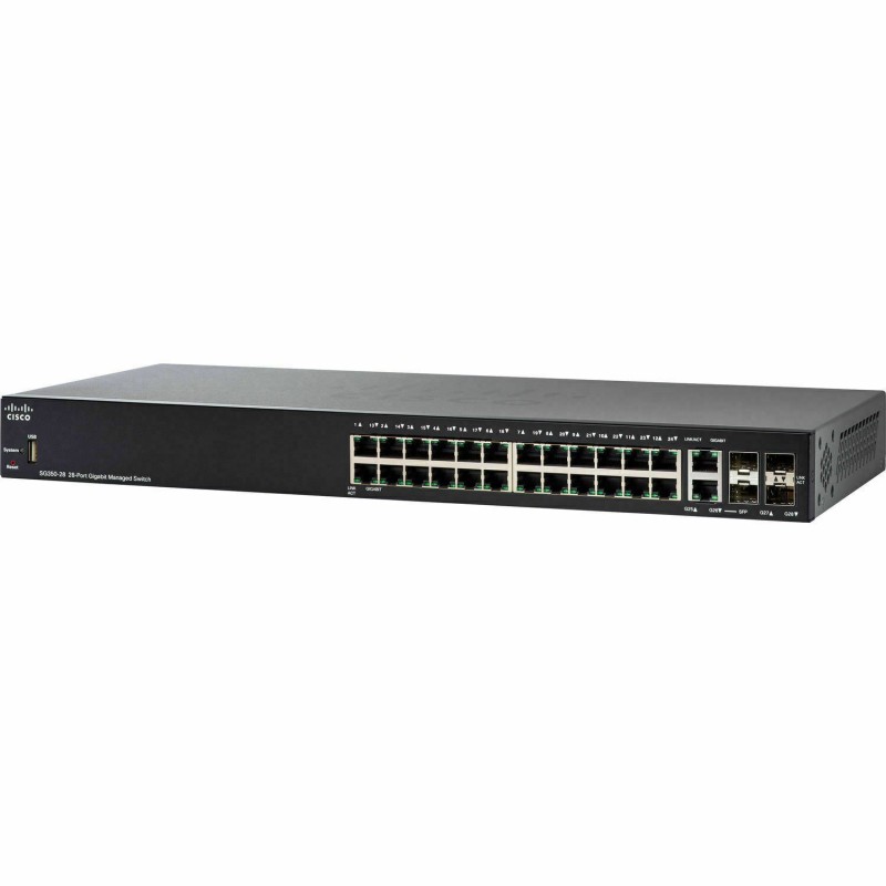 Cisco SG350-28P-K9-NA SG350-28P 28-Port Gigabit PoE Managed Switch - 26 Ports - Manageable - 3 Layer Supported - Modular - Optical Fiber, Twisted Pair - 1U High - Desktop, Rack-mountable - Lifetime Limited Warranty - TAA Compliance