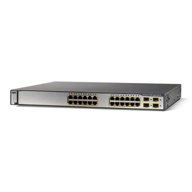 Cisco WS-C3750G-24PS-S Catalyst 3750G Multilayer Switch 24-Port 10/100/1000 with 802.3af PoE, (4) SFP-based GbE Ports, 32Gbps, 1RU, IP Base Image, Basic RIP and Static Routing, Upgradable to full Dynamic IP Routing