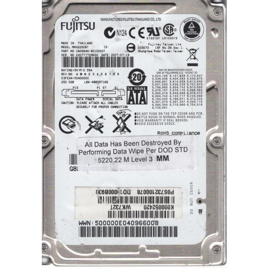 Fujitsu Digital 250GB 4200RPM SATA Laptop Hard Drive MHX2250BT CA06846-B210000T 
