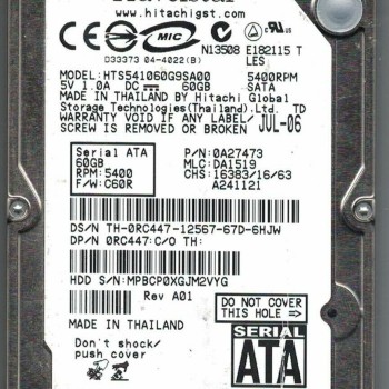 60GB SATA 5400RPM 2.5-Inch x 9.5mm 15p 1.5GB/s Hard Disk Drive HDD