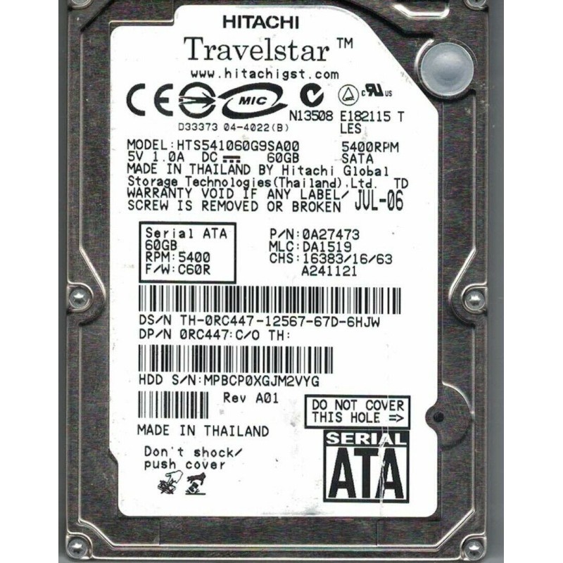 Hitachi HTS541060G9SA00 60GB SATA 5400RPM 2.5-Inch x 9.5mm 15p 1.5GB/s Hard Disk Drive HDD