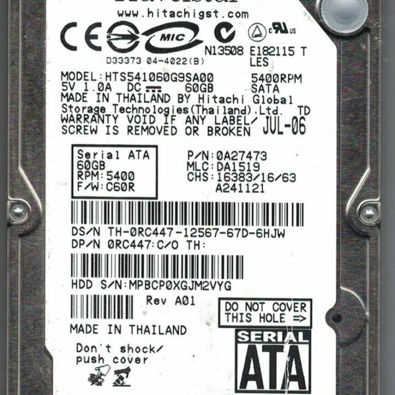 Hitachi HTS541060G9SA00 60GB SATA 5400RPM 2.5-Inch x 9.5mm 15p 1.5GB/s Hard Disk Drive HDD