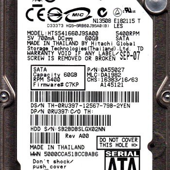 60GB SATA 5400RPM 2.5-Inch x 9.5mm 15p 1.5GB/s Hard Disk Drive HDD