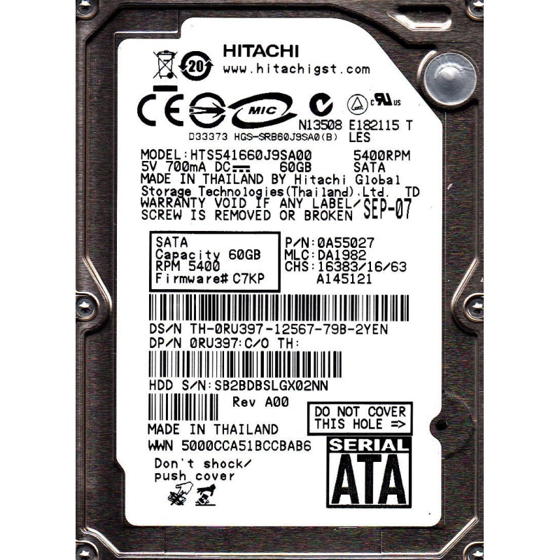 Hitachi HTS541660J9SA00 60GB SATA 5400RPM 2.5-Inch x 9.5mm 15p 1.5GB/s Hard Disk Drive HDD