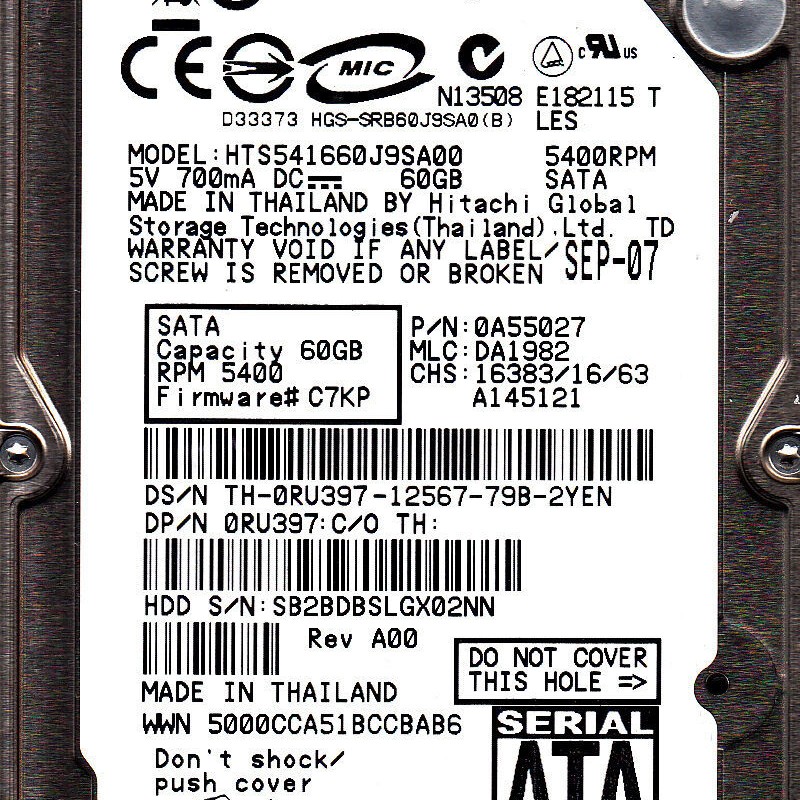 Hitachi HTS541660J9SA00 60GB SATA 5400RPM 2.5-Inch x 9.5mm 15p 1.5GB/s Hard Disk Drive HDD