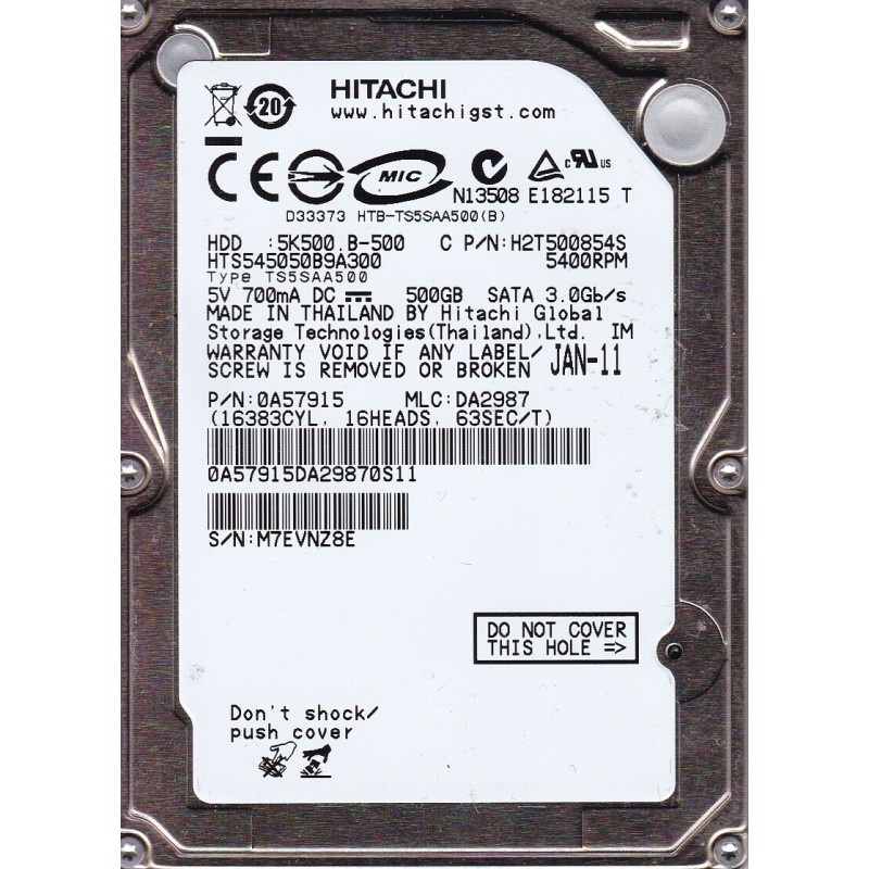 Hitachi HTS545050B9A300 500GB SATAII 5400RPM 2.5-Inch x 9.5mm 15p 3.0GB/s Hard Disk Drive HDD