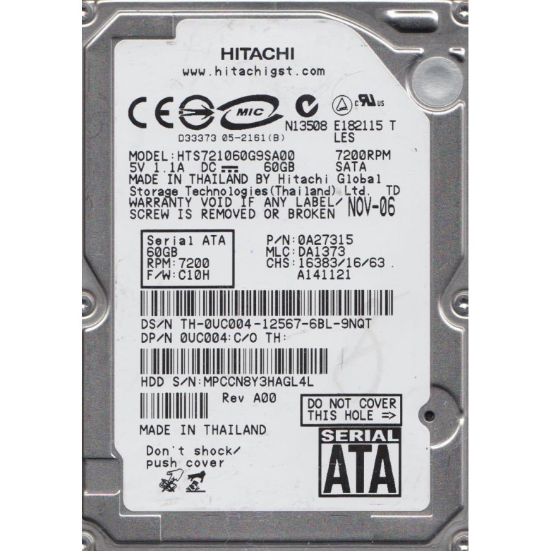 Hitachi HTS721060G9SA00 60GB SATA 7200RPM 2.5-Inch x 9.5mm 15p 1.5GB/s Hard Disk Drive HDD
