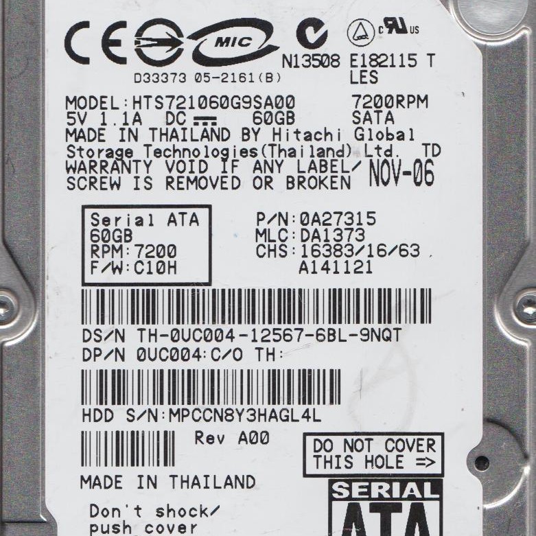 Hitachi HTS721060G9SA00 60GB SATA 7200RPM 2.5-Inch x 9.5mm 15p 1.5GB/s Hard Disk Drive HDD