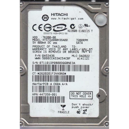 Hitachi HTS722080K9SA00 60GB SATA 7200RPM 2.5-Inch x 9.5mm 15p 1.5GB/s Hard Disk Drive HDD