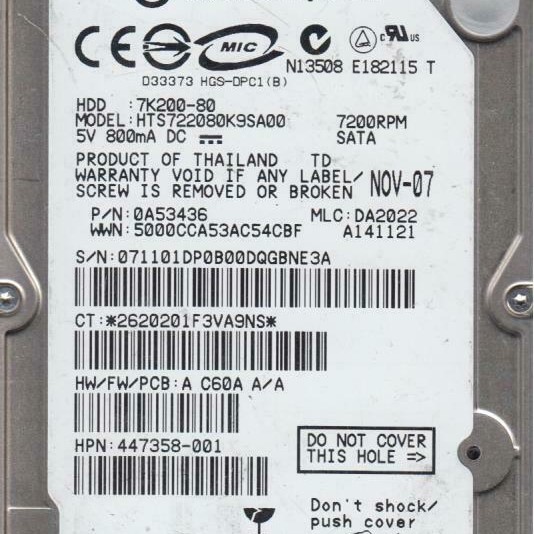 Hitachi HTS722080K9SA00 60GB SATA 7200RPM 2.5-Inch x 9.5mm 15p 1.5GB/s Hard Disk Drive HDD