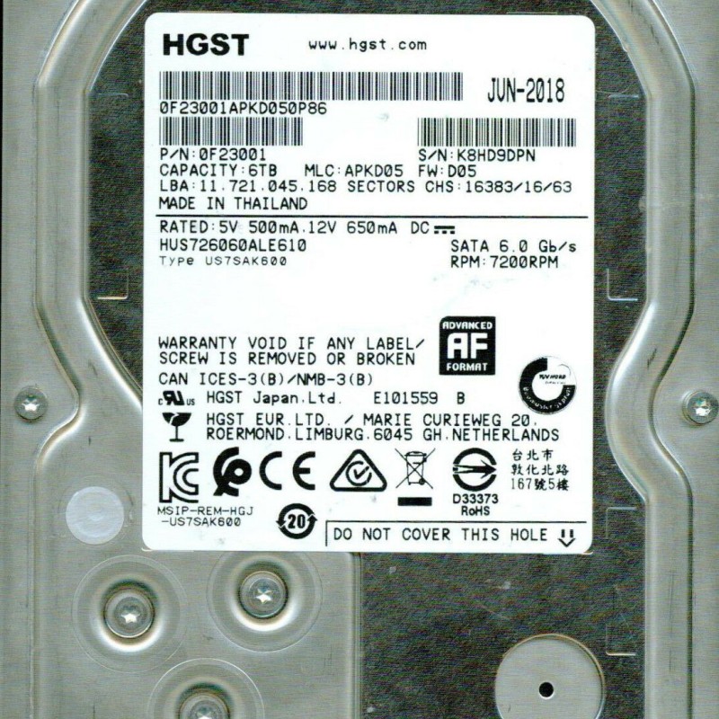Hitachi HUS726060ALE610 6TB SATA 128MB 3.5Inch HDD Enterprise Drive