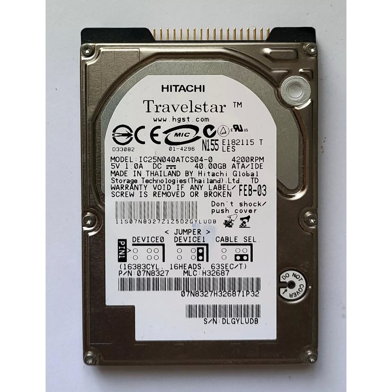 Hitachi IC25N040ATCS04-0 RMR660 HHL 40GB IDE ATA100 4200RPM 2.5-Inch x 9.5mm 44p 100MB/s Hard Disk Drive HDD