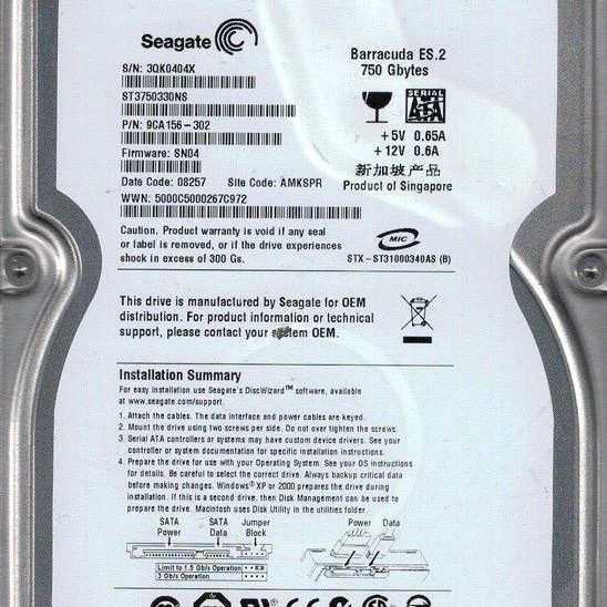 Seagate ST3750330NS Barracuda 750GB 7.2K 3.5 SATA 3Gbs Hard Disk Drive HDD