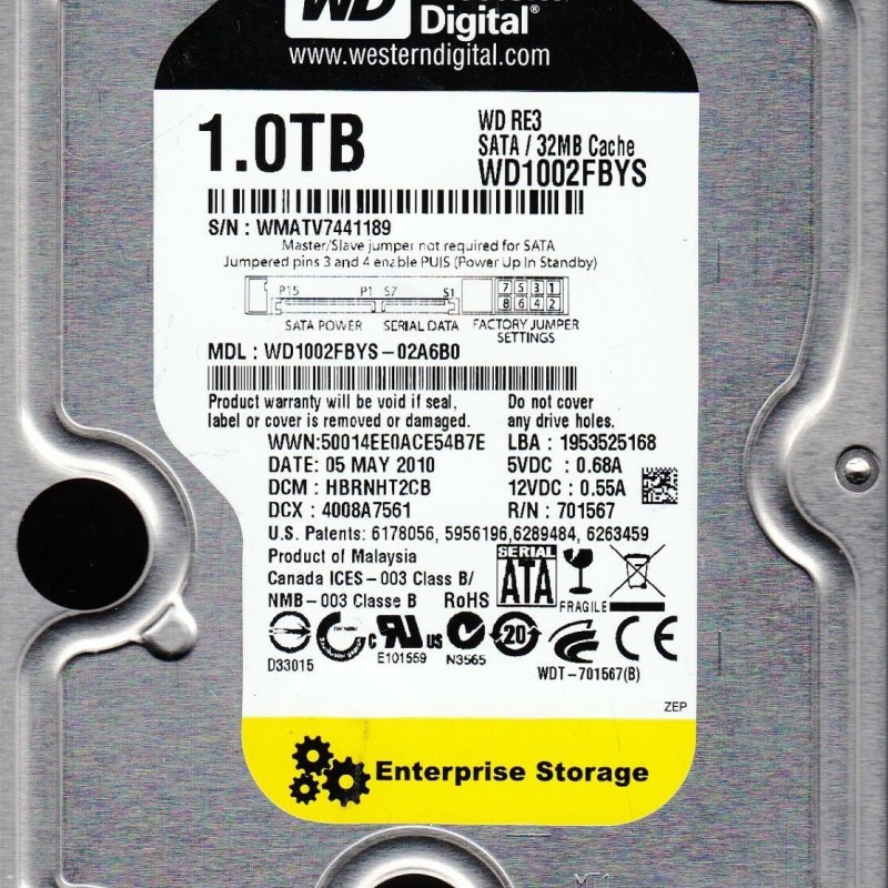 Western Digital WD1002FBYS-02A6B0 RE3 1TB / 1000GB Internal 7200RPM 3.5-Inch HDD Hard Disk Drive