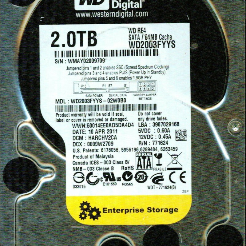 Western Digital WD2003FYYS 2TB RE4 SATA 7200 RPM 64MB 3Gbps Hard Disk Drive HDD